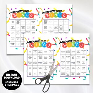 printable 1980s - 2010s music party hits bingo with the greatest hits from several decades 100 unique bingo cards and markers plus instructions all you need is the players and to print the cards great for birthdays, parties, showers and more.