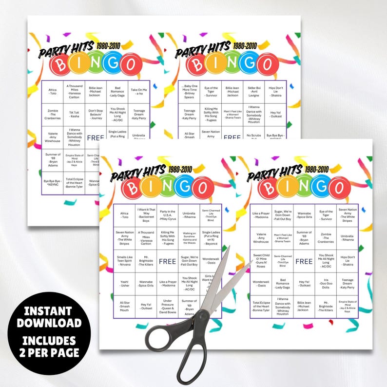 printable 1980s - 2010s music party hits bingo with the greatest hits from several decades 100 unique bingo cards and markers plus instructions all you need is the players and to print the cards great for birthdays, parties, showers and more.
