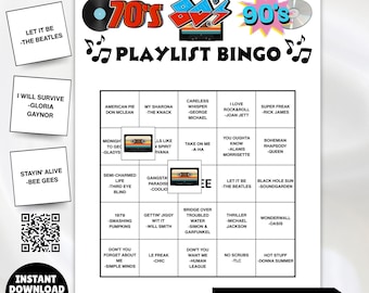 100 cartelle del bingo musicale / successi degli anni '70, '80 e '90 / gioco stampabile con playlist Spotify / divertente gioco per grandi gruppi per ufficio, famiglia, anziani