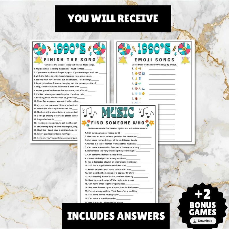 printable 1990s themed finish the song, find a guest who music icebreaker game, and 1990s emoji pictionary printable games with answers and Spotify playlist great for birthdays, seniors, church, classroom and baby showers or wedding showers.