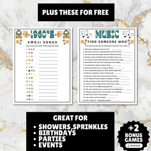 printable 1960s themed finish the song, find a guest who music icebreaker game, and 1960s emoji pictionary printable games with answers and Spotify playlist great for birthdays, seniors, church, classroom and baby showers or wedding showers.