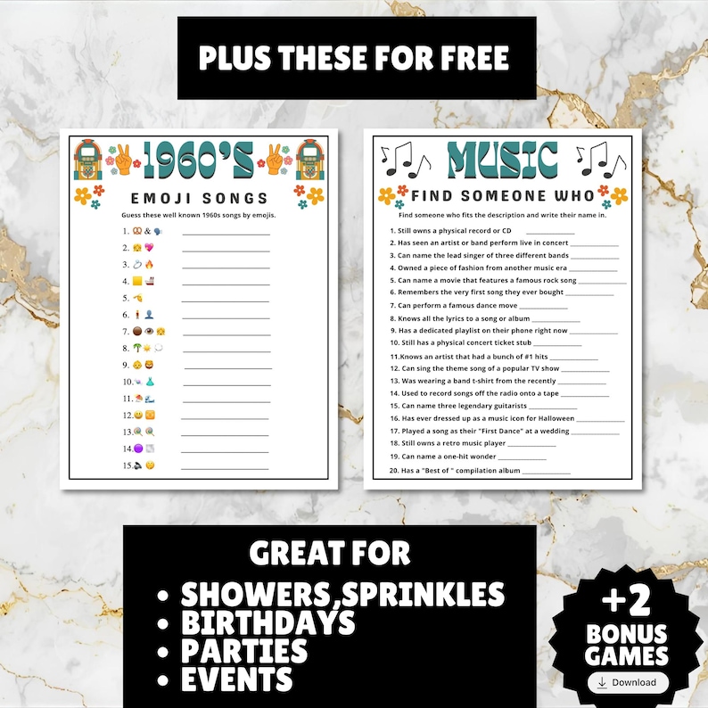 printable 1960s themed finish the song, find a guest who music icebreaker game, and 1960s emoji pictionary printable games with answers and Spotify playlist great for birthdays, seniors, church, classroom and baby showers or wedding showers.