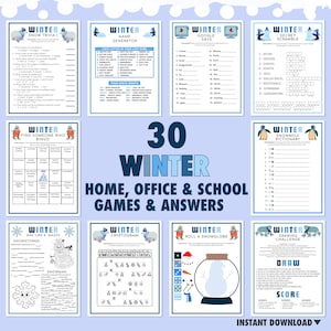 May include: A collection of 30 winter-themed games and activities, including trivia, mazes, and drawing challenges. The designs feature snowflakes, snowmen, and penguins, with text such as "Winter Trivia," "Snowstorms," and "Instant Download."