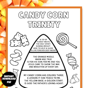 May include: Black and white printable art titled "Candy Corn Trinity." The design features a candy corn shape with text and illustrations of candy, a lollipop, and other sweets. The text describes the symbolism of candy corn.