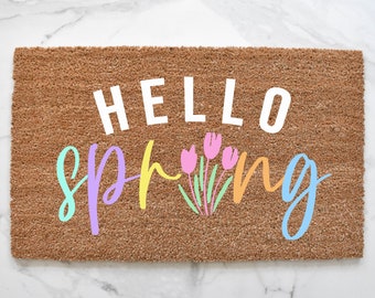 Hello Spring Doormat, Cute Doormat, Welcome Mat, Flower Doormat, Outdoor Rug, Spring Decor, Front Door Mat, Tulips, Hello Spring Sign, Rug