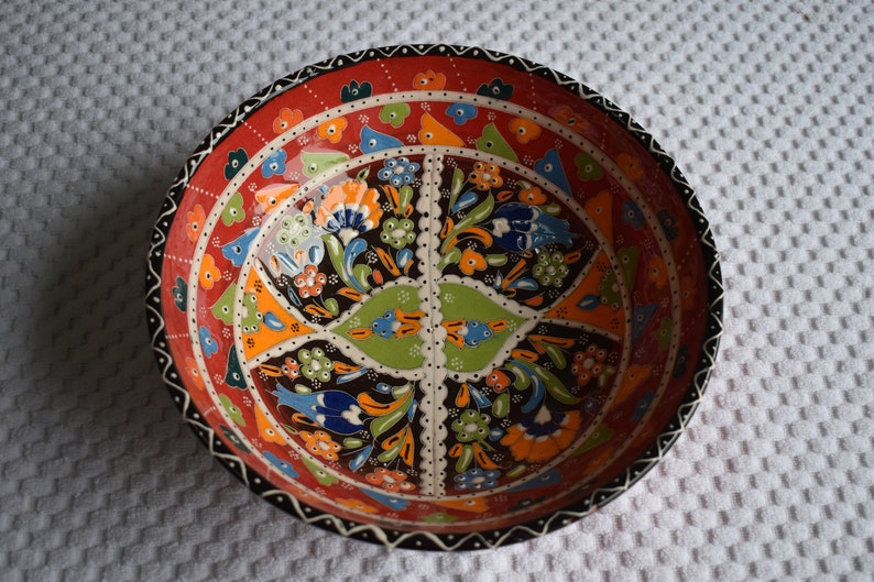 Fruit or Display Red Ceramic Bowl Large Folk Art Bowl for Salads