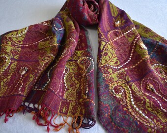 Plum and Lime Merino wool scarf, embroidered and beaded large scarf or table runner