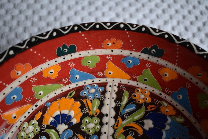 Fruit or Display Red Ceramic Bowl Large Folk Art Bowl for Salads