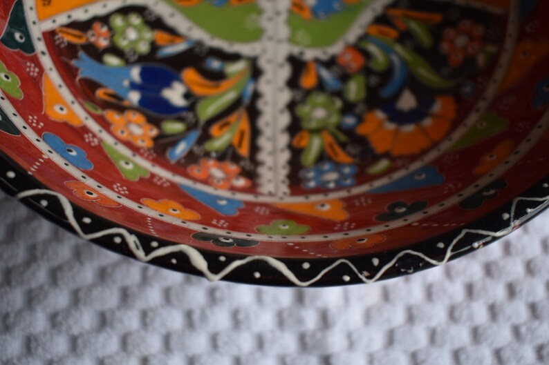 Fruit or Display Red Ceramic Bowl Large Folk Art Bowl for Salads