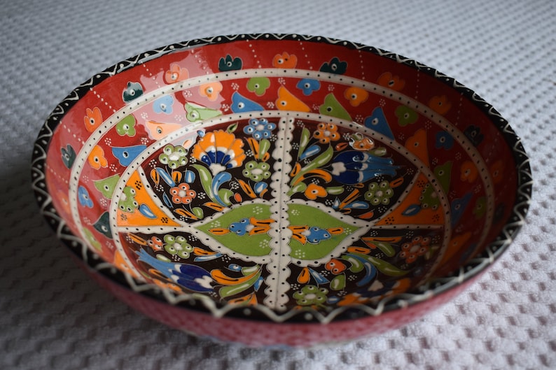 Fruit or Display Red Ceramic Bowl Large Folk Art Bowl for Salads