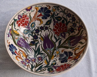 Springtime Floral ceramic bowl, large serving bowl with modern colors and Iznik designs