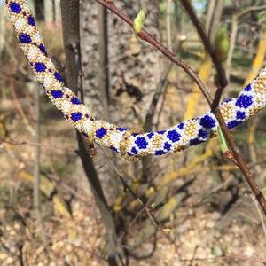 Puede incluir: Primer plano de un collar de cuentas azules, blancas y doradas. El collar est&aacute; envuelto alrededor de una rama con hojas verdes.