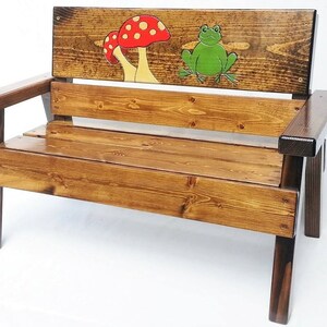 Childrens Toadstool Mushroom Bench, Kids Outdoor Wood Frog Furniture Toddler +, Patio, Garden, Country, Farm Decor, Engraved and Painted