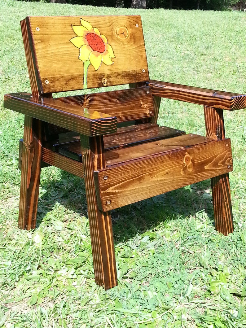 Kids Outdoor Furniture Childrens Wood Garden Chair Toddler Chair Patio Furniture Engraved Painted Sunflower