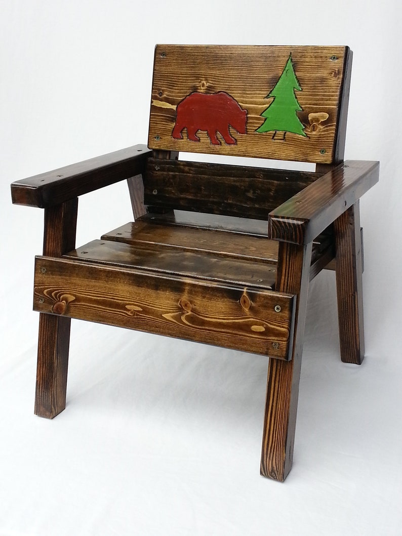 Childrens Furniture Kids Wood Chair Preschool Toddler Boy Or Girl Folk Art Bear Outdoor Patio Country Cabin Decor