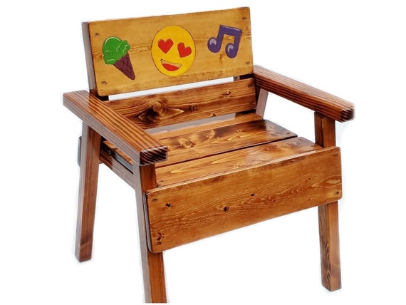 Whimsical Painted And Engraved Emoji Kids Chair Outdoor Wood Engraved Emoji Kids Chair Outdoor Wood, Whimsical Outdoor Furniture