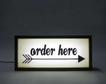 ORDER HERE Sign with Arrow Direction Handcrafted Wooden Lightbox Sign for Coffee Shop, Bar, Bistro or Home Kitchen Boho Decor
