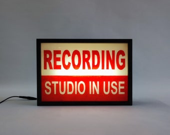 Recording Studio In Use Lightbox Sign, Retro Style Music Studio Signage in Red, Hand-Painted Illuminated Signs, Handmade Wooden Light Box