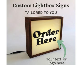 Custom Signs, Personalized Business Name Sign, Handcrafted Sign Wooden Light Box, Square Lightbox 25x25cm, Your Business Logo Light Up Sign