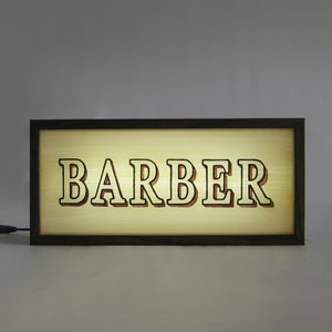BARBER Wooden Lightbox Sign, Handcrafted Timber Light Box Sign, Illuminated Hand Lettering Barbershop Decor, Retro Light Up Sign