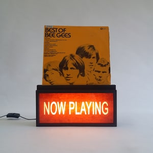 NOW PLAYING Sign in Red, Vinyl Record Display Stand / Record Holder, Handcrafted Wooden Lightbox Sign, Hand Painted Signs, LED Lighted Sign