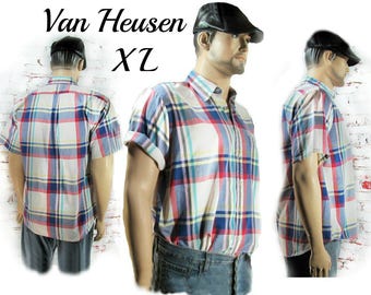 men's plaid shirt - short sleeve shirt, men's  button down shirt , retro plaid shirt - Men's summer shirt , plaid shirt - size X L  # 29