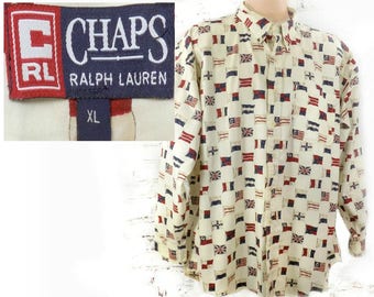 Vintage Chaps shirt men - flag pattered shirt - flag button shirt - button up shirt men ,, collared Long sleeve shirt, , size X L # 19