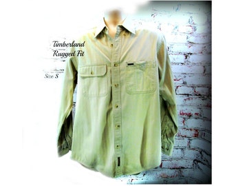 Men's button down shirt, men's tan shirt, collared shirt, Long sleeve shirt, Timberland -Rugged Fit, size small, # 12