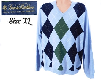 Vintage Argyle Sweater - Blue sweater men -Brooks Brothers Preppy Sweater - Crew neck sweater, pull over sweater -X Large sweater men - # 18