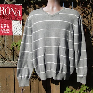 Vintage Grey Sweater Men, V Neck Cotton Sweater, 90s Streetwear Men- Men&#39;s Clothing, Rockabilly sweater men - Size X X Large  # 42