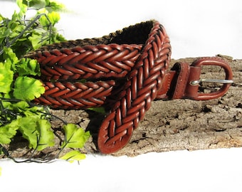 Vintage Leather Braided Belt, brown Trousers Belt, plaited belt  -Hippie Festival Boho -Fullgrain Cow hide- size stamped 34 ,  # 41 belt