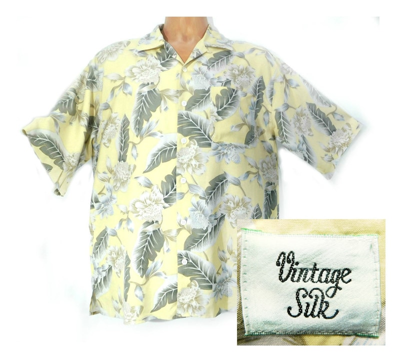 Vintage yellow floral shirt - silk shirt men - Hawaiian Aloha T Vintage yellow floral shirt - silk shirt men - Hawaiian Aloha T