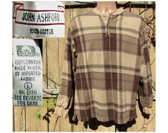 vintage men's long sleeve knit shirt, collared knit shirt, John Ashford shirt Men - Brown Plaid knit shirt -size Large -Polo knit shirt # 36