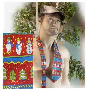 Red Christmas necktie -Snowman Christmas tie -  Holiday tie, vintage Christmas tie, Holiday necktie, Christmas party tie-   # T  81