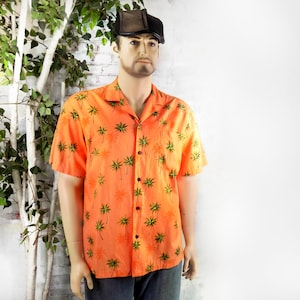Vintage 90&#39;s Hawaiian Button Up Shirt -Heren Hawaiian shirt, - Aloha Tiki Shirt, mannen oranje shirt -Heren vakantie-shirt, maat XL # 22