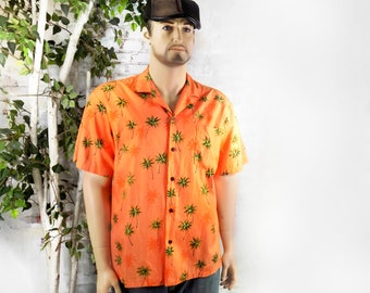 Vintage 90's Hawaiian Button Up Shirt -Men's Hawaiian shirt,  - Aloha Tiki Shirt,  men's orange shirt -Men's Vacation Shirt, size XL   # 22