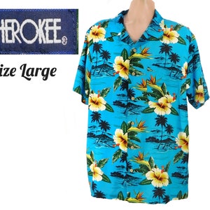 Blue Hawaiian shirt, Hibiscus Hawaiian shirt - Hawaiian button up shirt - Aloha Tiki Shirt,  Men&#39;s Vacation Shirt,  Size Large  # 49