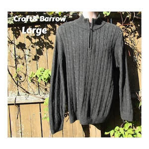 Vintage Zip neck sweater Men- Grey Cable Knit Henley sweater - Men&#39;s long sleeve sweater -Gray Ski Sweater men  - size Large  # 4