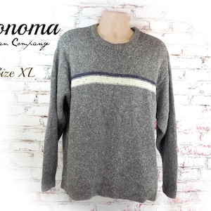 Grey sweater , striped sweater - ribbed sweater , crew neck sweater, boyfriend sweater ,  X L sweater, # 22