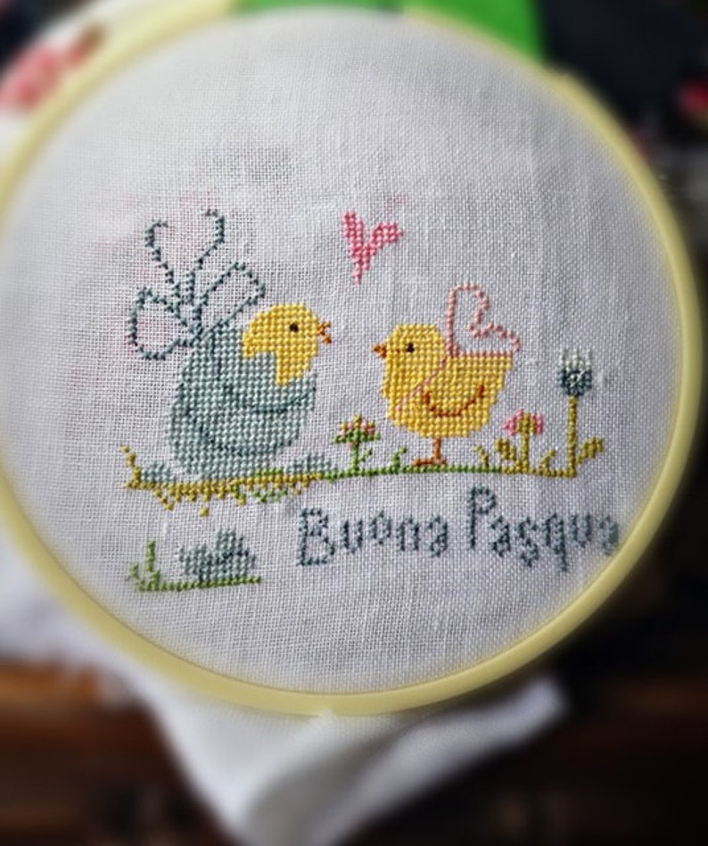 May include: A cross-stitch embroidery hoop with a white background featuring two chicks and a butterfly. The text "Buona Pasqua" is stitched in the bottom center of the hoop.