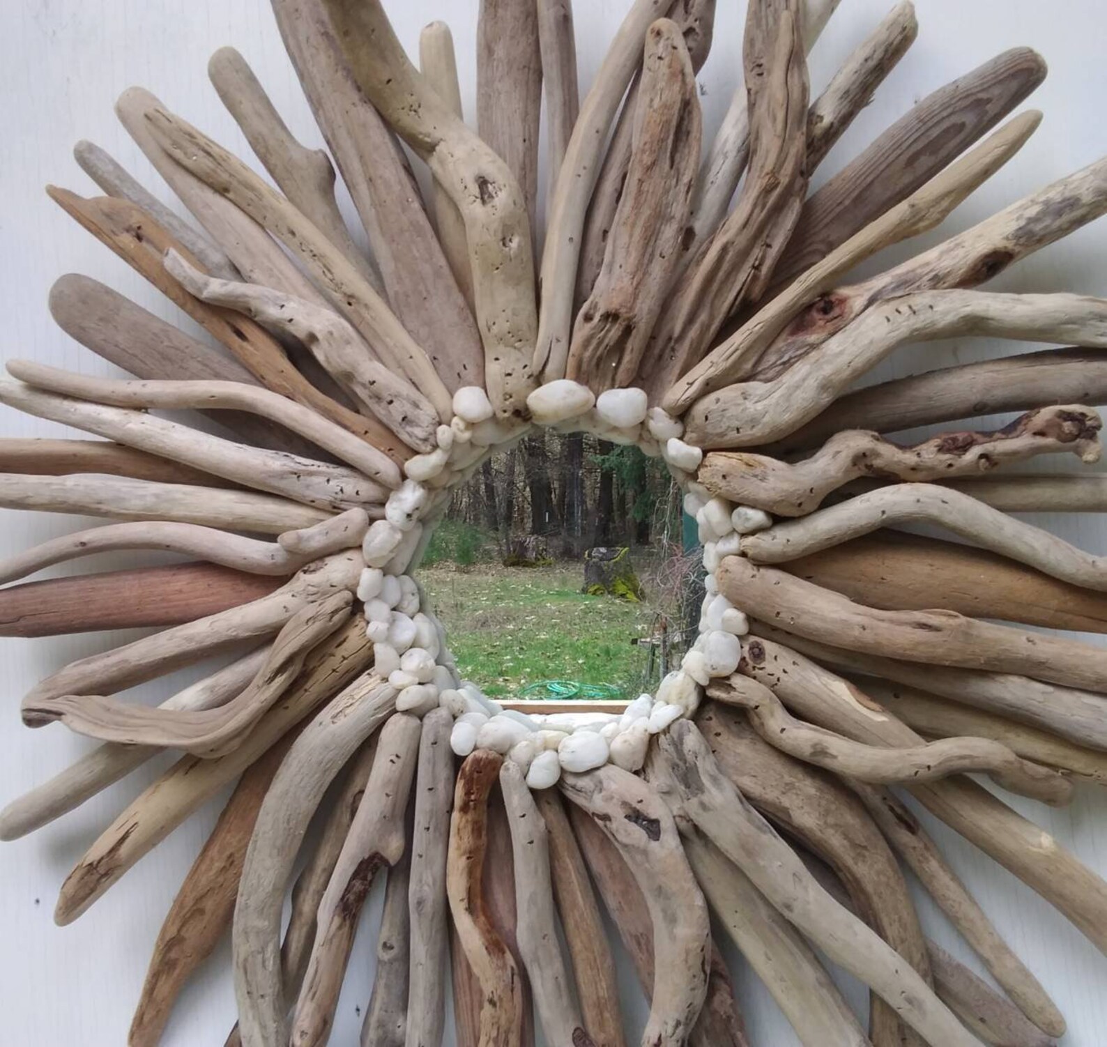 Large Round Driftwood Art Sunburst Driftwood Wall Mirror Etsy