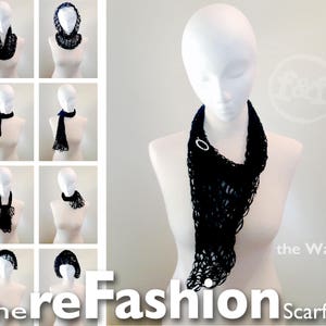 May include: A black, open-weave scarf is displayed on a mannequin. The scarf is styled in various ways, showcasing its versatility. The text "the reFashion scarf" is visible at the bottom of the image, with "the Wave" logo on the right.