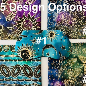 May include: An image showcasing five different sleep mask designs. The masks feature celestial and nature-inspired patterns in various colors, including blue, purple, and green. The text "5 Design Options" is visible at the top, with numbers identifying each design.