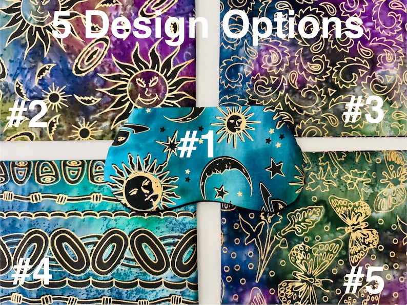 May include: An image showcasing five different sleep mask designs. The masks feature celestial and nature-inspired patterns in various colors, including blue, purple, and green. The text "5 Design Options" is visible at the top, with numbers identifying each design.