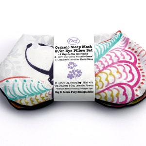 ORGANIC SET Weighted Sleep Mask & Eye Pillow, 2 Washable Covers Butterfly Flower, Lavender Flaxseed, Heat Cold Pack, Adjustable Strap Band
