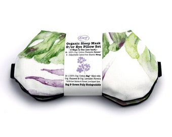 ORGANIC SET Weighted Sleep Mask Eye Pillow 2 Washable Covers Botanical Geometric, Lavender Flaxseed, Sinus Relief, Adjustable Strap Band