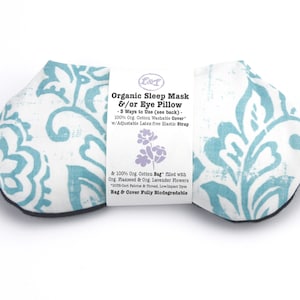 ORGANIC Weighted Sleep Mask Eye Pillow Washable Cover Teal Damask, Aromatherapy Lavender Flaxseed, Yoga, Sinus Relief, Adjustable Strap Band