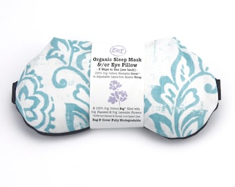 ORGANIC Weighted Sleep Mask Eye Pillow Washable Cover Teal Damask, Aromatherapy Lavender Flaxseed, Yoga, Sinus Relief, Adjustable Strap Band