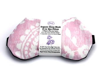 ORGANIC Weighted Sleep Mask Eye Pillow Washable Cover Pink Paisley Aromatherapy Lavender Flaxseed Yoga, Sinus Relief, Adjustable Strap Band