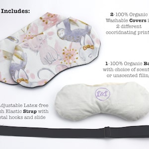 K&ouml;nnte beinhalten: Set mit zwei Augenmaskenbez&uuml;gen aus Bio-Baumwolle mit einem niedlichen Katzen- und Eulen-Motiv, einer Augenmaske aus Bio-Baumwolle mit der Wahl zwischen duftendem oder nicht duftendem F&uuml;llmaterial und einem verstellbaren, latexfreien, weichen elastischen Band mit Metallhaken und Schieber.